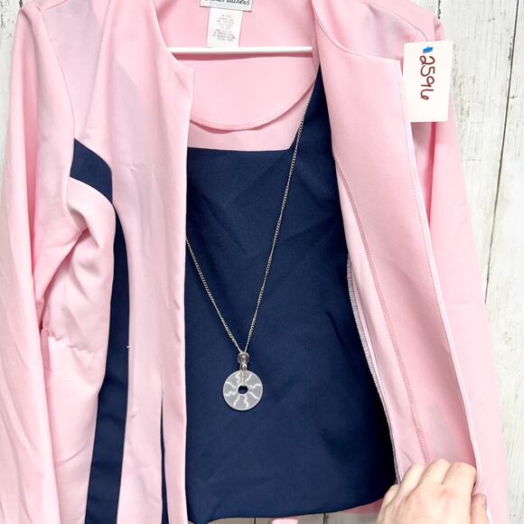 Vintage Olivia Matthews Jacket Women Size 14P Light Pink Navy Collarless Blazer - Picture 4 of 9